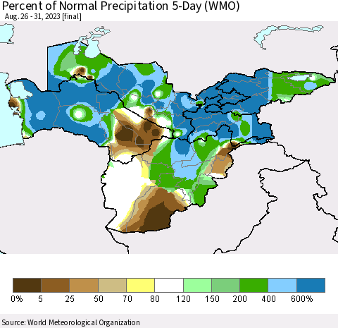 Central Asia Percent of Normal Precipitation 5-Day (WMO) Thematic Map For 8/26/2023 - 8/31/2023