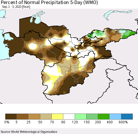 Central Asia Percent of Normal Precipitation 5-Day (WMO) Thematic Map For 9/1/2023 - 9/5/2023