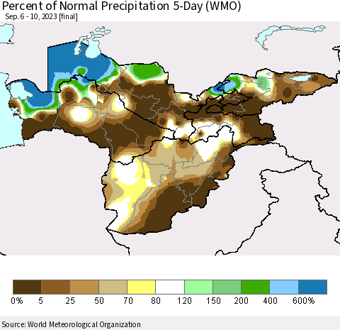 Central Asia Percent of Normal Precipitation 5-Day (WMO) Thematic Map For 9/6/2023 - 9/10/2023