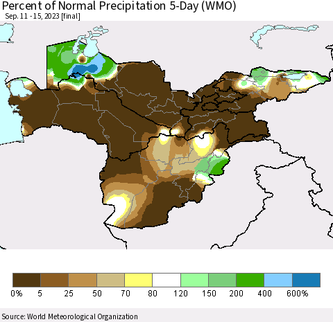 Central Asia Percent of Normal Precipitation 5-Day (WMO) Thematic Map For 9/11/2023 - 9/15/2023