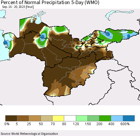 Central Asia Percent of Normal Precipitation 5-Day (WMO) Thematic Map For 9/16/2023 - 9/20/2023