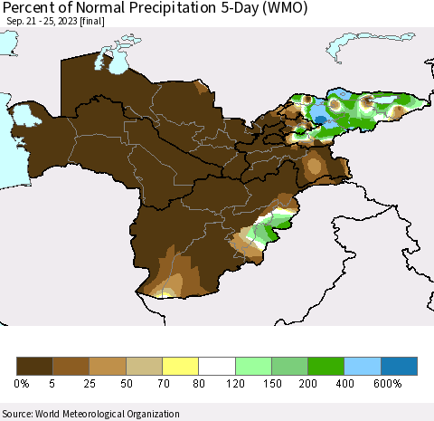Central Asia Percent of Normal Precipitation 5-Day (WMO) Thematic Map For 9/21/2023 - 9/25/2023