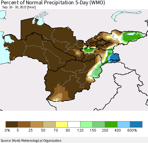 Central Asia Percent of Normal Precipitation 5-Day (WMO) Thematic Map For 9/26/2023 - 9/30/2023