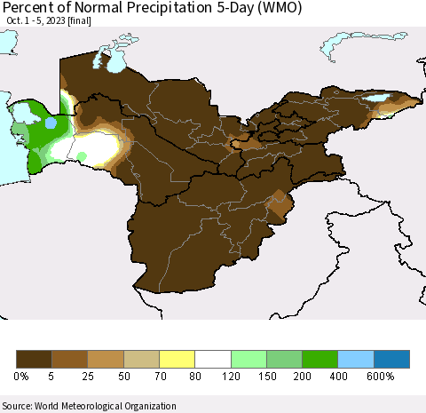 Central Asia Percent of Normal Precipitation 5-Day (WMO) Thematic Map For 10/1/2023 - 10/5/2023