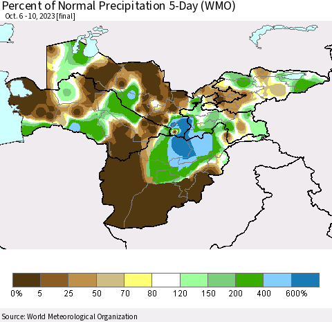 Central Asia Percent of Normal Precipitation 5-Day (WMO) Thematic Map For 10/6/2023 - 10/10/2023