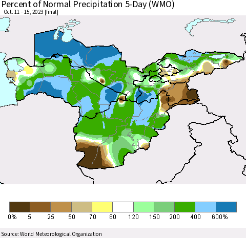 Central Asia Percent of Normal Precipitation 5-Day (WMO) Thematic Map For 10/11/2023 - 10/15/2023