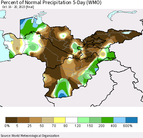 Central Asia Percent of Normal Precipitation 5-Day (WMO) Thematic Map For 10/16/2023 - 10/20/2023