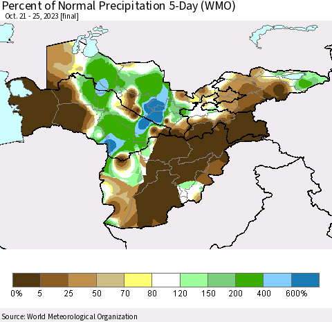Central Asia Percent of Normal Precipitation 5-Day (WMO) Thematic Map For 10/21/2023 - 10/25/2023