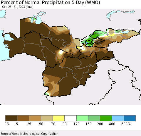 Central Asia Percent of Normal Precipitation 5-Day (WMO) Thematic Map For 10/26/2023 - 10/31/2023