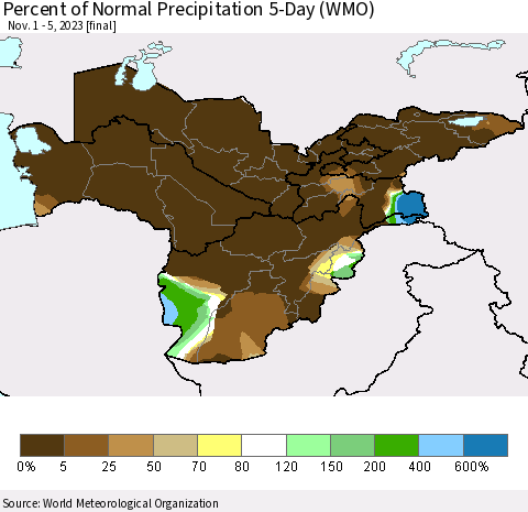 Central Asia Percent of Normal Precipitation 5-Day (WMO) Thematic Map For 11/1/2023 - 11/5/2023