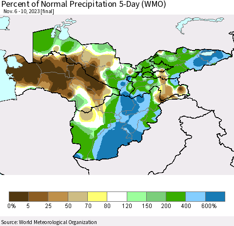 Central Asia Percent of Normal Precipitation 5-Day (WMO) Thematic Map For 11/6/2023 - 11/10/2023
