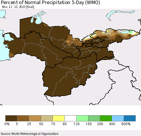Central Asia Percent of Normal Precipitation 5-Day (WMO) Thematic Map For 11/11/2023 - 11/15/2023