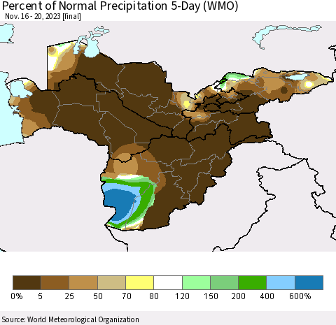 Central Asia Percent of Normal Precipitation 5-Day (WMO) Thematic Map For 11/16/2023 - 11/20/2023
