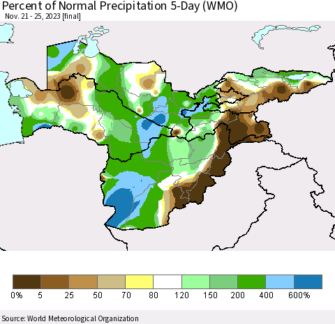 Central Asia Percent of Normal Precipitation 5-Day (WMO) Thematic Map For 11/21/2023 - 11/25/2023