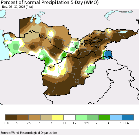 Central Asia Percent of Normal Precipitation 5-Day (WMO) Thematic Map For 11/26/2023 - 11/30/2023