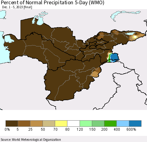 Central Asia Percent of Normal Precipitation 5-Day (WMO) Thematic Map For 12/1/2023 - 12/5/2023