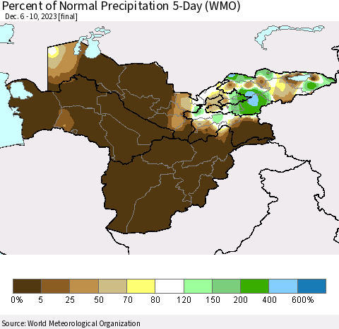 Central Asia Percent of Normal Precipitation 5-Day (WMO) Thematic Map For 12/6/2023 - 12/10/2023