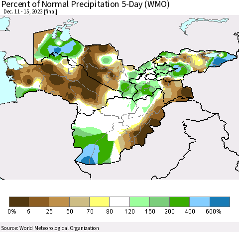 Central Asia Percent of Normal Precipitation 5-Day (WMO) Thematic Map For 12/11/2023 - 12/15/2023