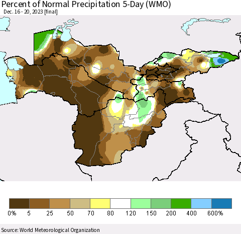 Central Asia Percent of Normal Precipitation 5-Day (WMO) Thematic Map For 12/16/2023 - 12/20/2023