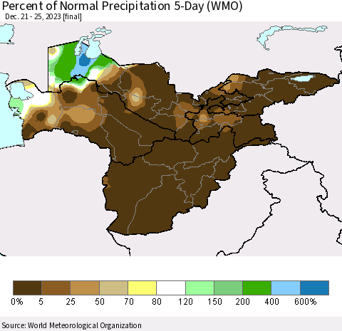 Central Asia Percent of Normal Precipitation 5-Day (WMO) Thematic Map For 12/21/2023 - 12/25/2023