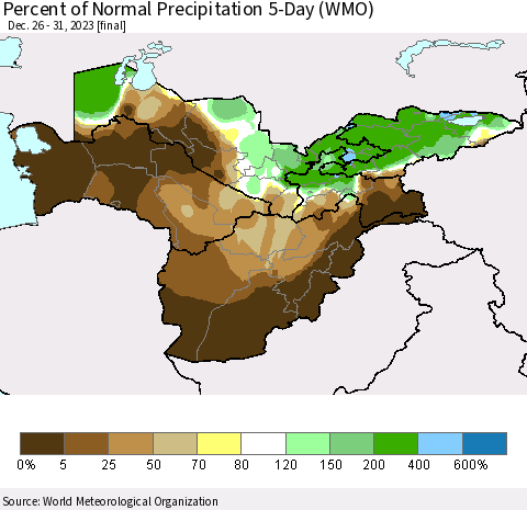 Central Asia Percent of Normal Precipitation 5-Day (WMO) Thematic Map For 12/26/2023 - 12/31/2023