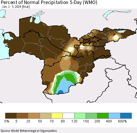 Central Asia Percent of Normal Precipitation 5-Day (WMO) Thematic Map For 1/1/2024 - 1/5/2024