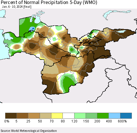 Central Asia Percent of Normal Precipitation 5-Day (WMO) Thematic Map For 1/6/2024 - 1/10/2024