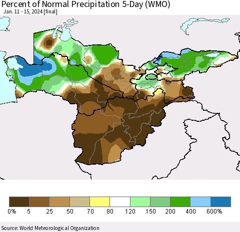 Central Asia Percent of Normal Precipitation 5-Day (WMO) Thematic Map For 1/11/2024 - 1/15/2024
