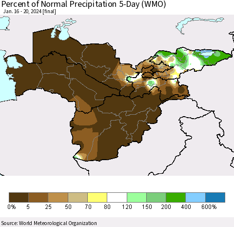 Central Asia Percent of Normal Precipitation 5-Day (WMO) Thematic Map For 1/16/2024 - 1/20/2024