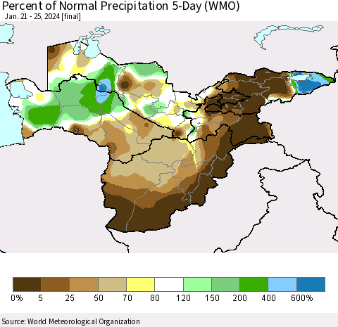 Central Asia Percent of Normal Precipitation 5-Day (WMO) Thematic Map For 1/21/2024 - 1/25/2024