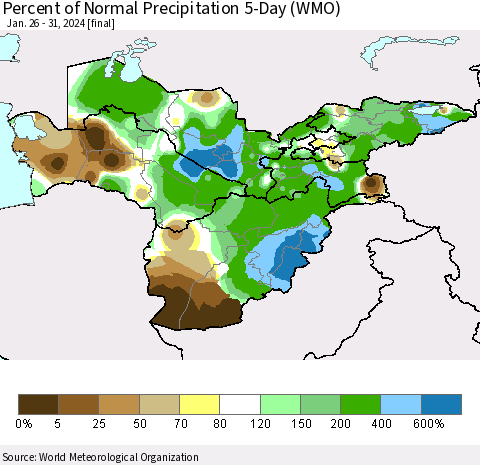 Central Asia Percent of Normal Precipitation 5-Day (WMO) Thematic Map For 1/26/2024 - 1/31/2024