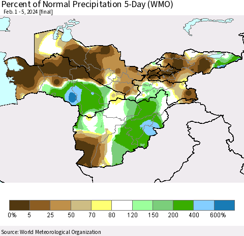 Central Asia Percent of Normal Precipitation 5-Day (WMO) Thematic Map For 2/1/2024 - 2/5/2024