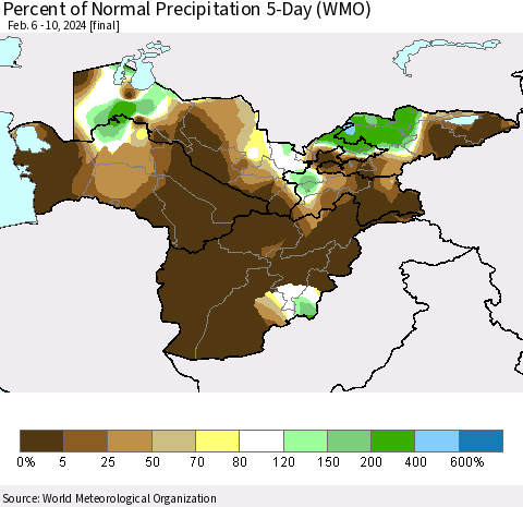 Central Asia Percent of Normal Precipitation 5-Day (WMO) Thematic Map For 2/6/2024 - 2/10/2024