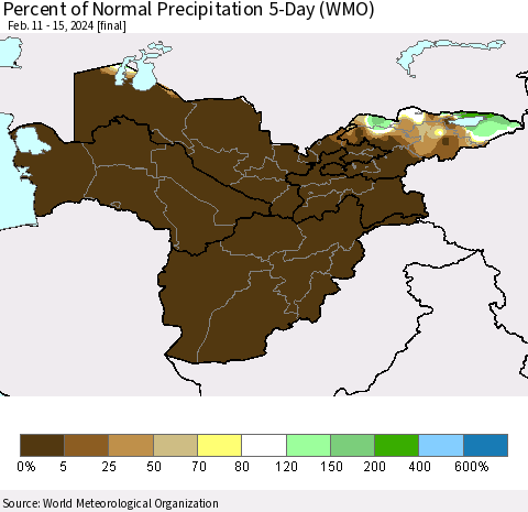 Central Asia Percent of Normal Precipitation 5-Day (WMO) Thematic Map For 2/11/2024 - 2/15/2024