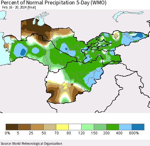 Central Asia Percent of Normal Precipitation 5-Day (WMO) Thematic Map For 2/16/2024 - 2/20/2024
