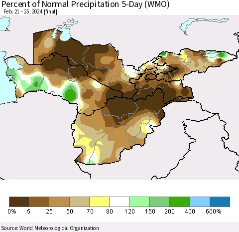 Central Asia Percent of Normal Precipitation 5-Day (WMO) Thematic Map For 2/21/2024 - 2/25/2024