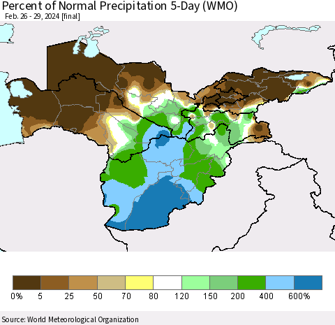 Central Asia Percent of Normal Precipitation 5-Day (WMO) Thematic Map For 2/26/2024 - 2/29/2024