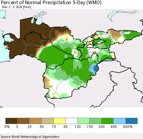 Central Asia Percent of Normal Precipitation 5-Day (WMO) Thematic Map For 3/1/2024 - 3/5/2024
