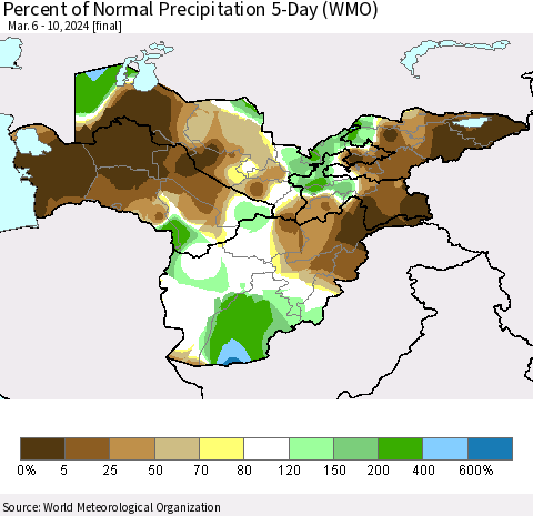 Central Asia Percent of Normal Precipitation 5-Day (WMO) Thematic Map For 3/6/2024 - 3/10/2024