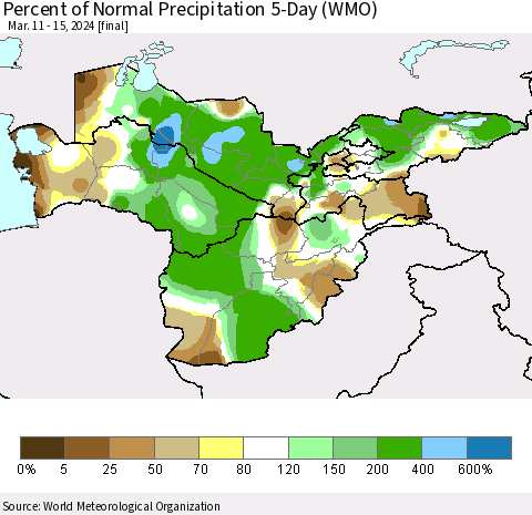 Central Asia Percent of Normal Precipitation 5-Day (WMO) Thematic Map For 3/11/2024 - 3/15/2024