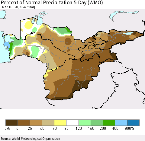 Central Asia Percent of Normal Precipitation 5-Day (WMO) Thematic Map For 3/16/2024 - 3/20/2024