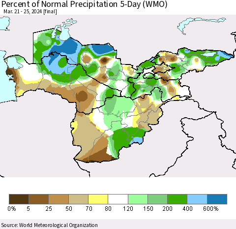 Central Asia Percent of Normal Precipitation 5-Day (WMO) Thematic Map For 3/21/2024 - 3/25/2024