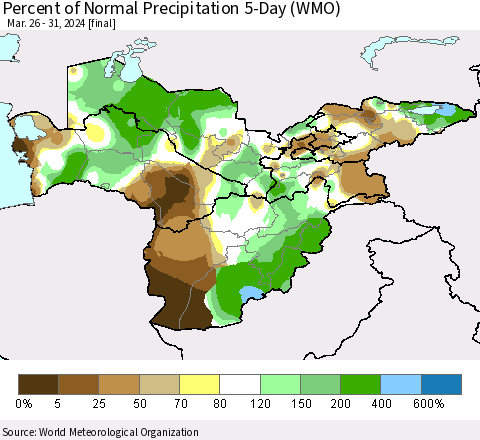 Central Asia Percent of Normal Precipitation 5-Day (WMO) Thematic Map For 3/26/2024 - 3/31/2024