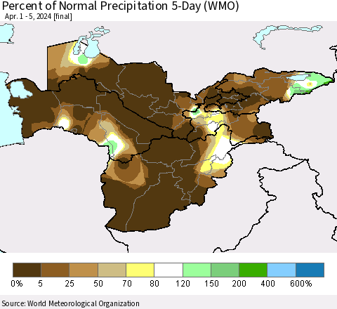 Central Asia Percent of Normal Precipitation 5-Day (WMO) Thematic Map For 4/1/2024 - 4/5/2024