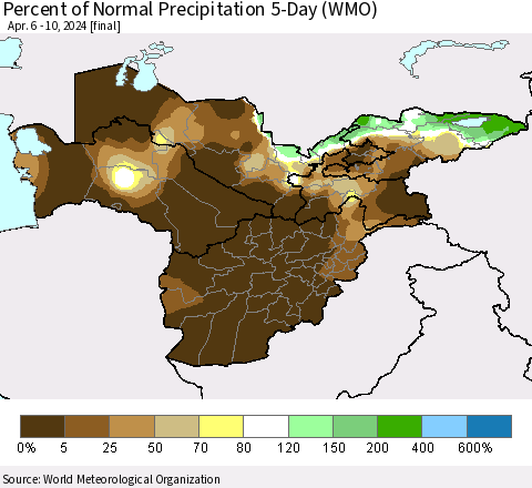 Central Asia Percent of Normal Precipitation 5-Day (WMO) Thematic Map For 4/6/2024 - 4/10/2024
