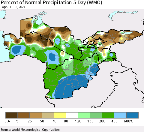 Central Asia Percent of Normal Precipitation 5-Day (WMO) Thematic Map For 4/11/2024 - 4/15/2024