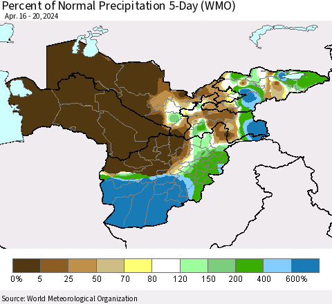 Central Asia Percent of Normal Precipitation 5-Day (WMO) Thematic Map For 4/16/2024 - 4/20/2024