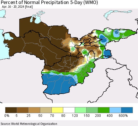 Central Asia Percent of Normal Precipitation 5-Day (WMO) Thematic Map For 4/16/2024 - 4/20/2024