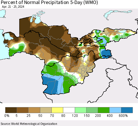 Central Asia Percent of Normal Precipitation 5-Day (WMO) Thematic Map For 4/21/2024 - 4/25/2024