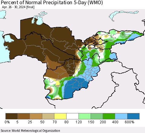 Central Asia Percent of Normal Precipitation 5-Day (WMO) Thematic Map For 4/26/2024 - 4/30/2024